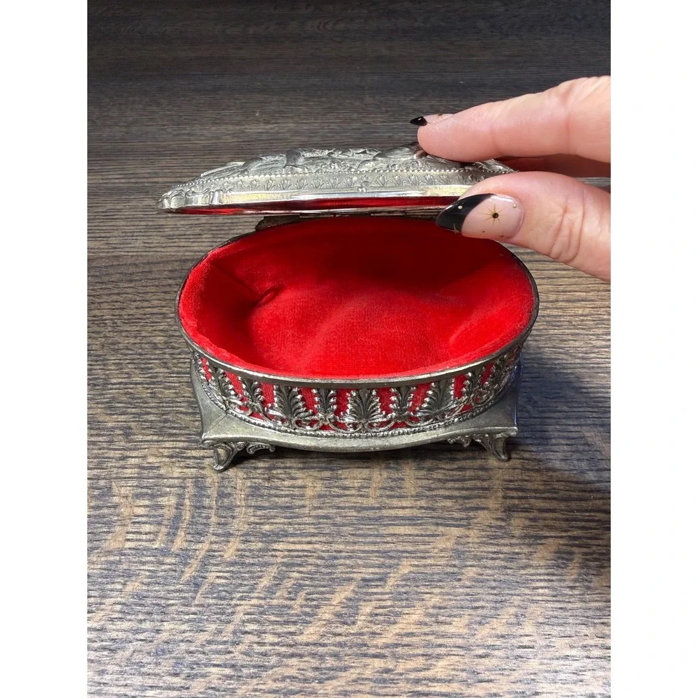 Vintage Metal‎ Jewelry Casket with Red Velvet Interior
